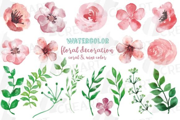 Coral & Wine Watercolor Flowers: Graphics for Print Templates