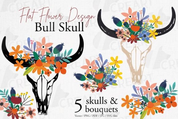 Floral Bull Skull Bouquets Flat Graphic: Print Templates & Graphics