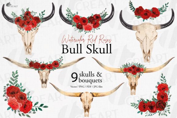 Red Rose Floral Bull Skull with Bouquets