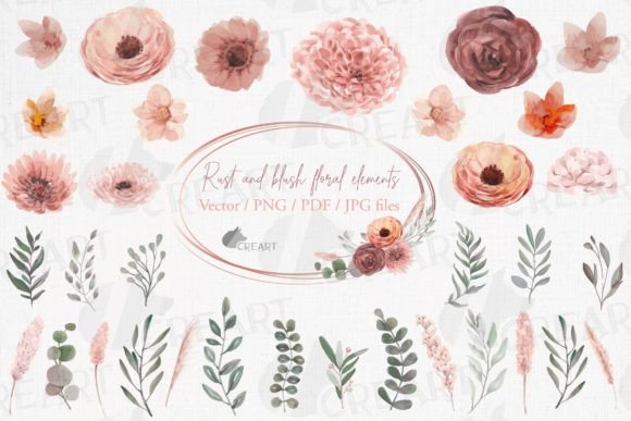 Rust and Blush Pink Flowers and Leaves Graphics